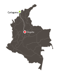 Map of Columbia with path from Cartegena (north) to Bogota (north-central)